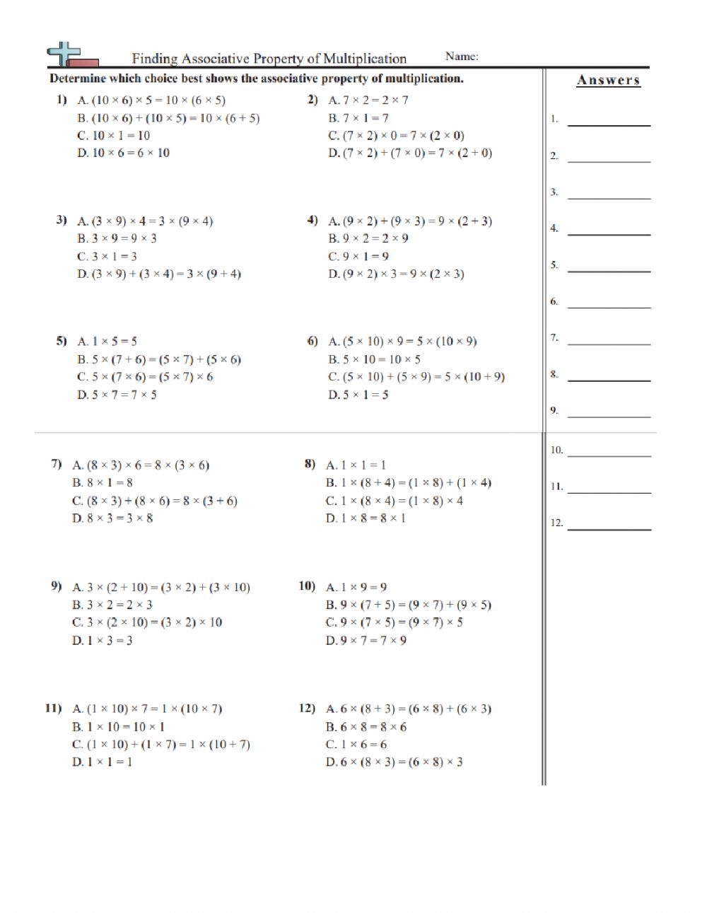 Associative Property Of Multiplication Fill In Worksheet 3rd Grade