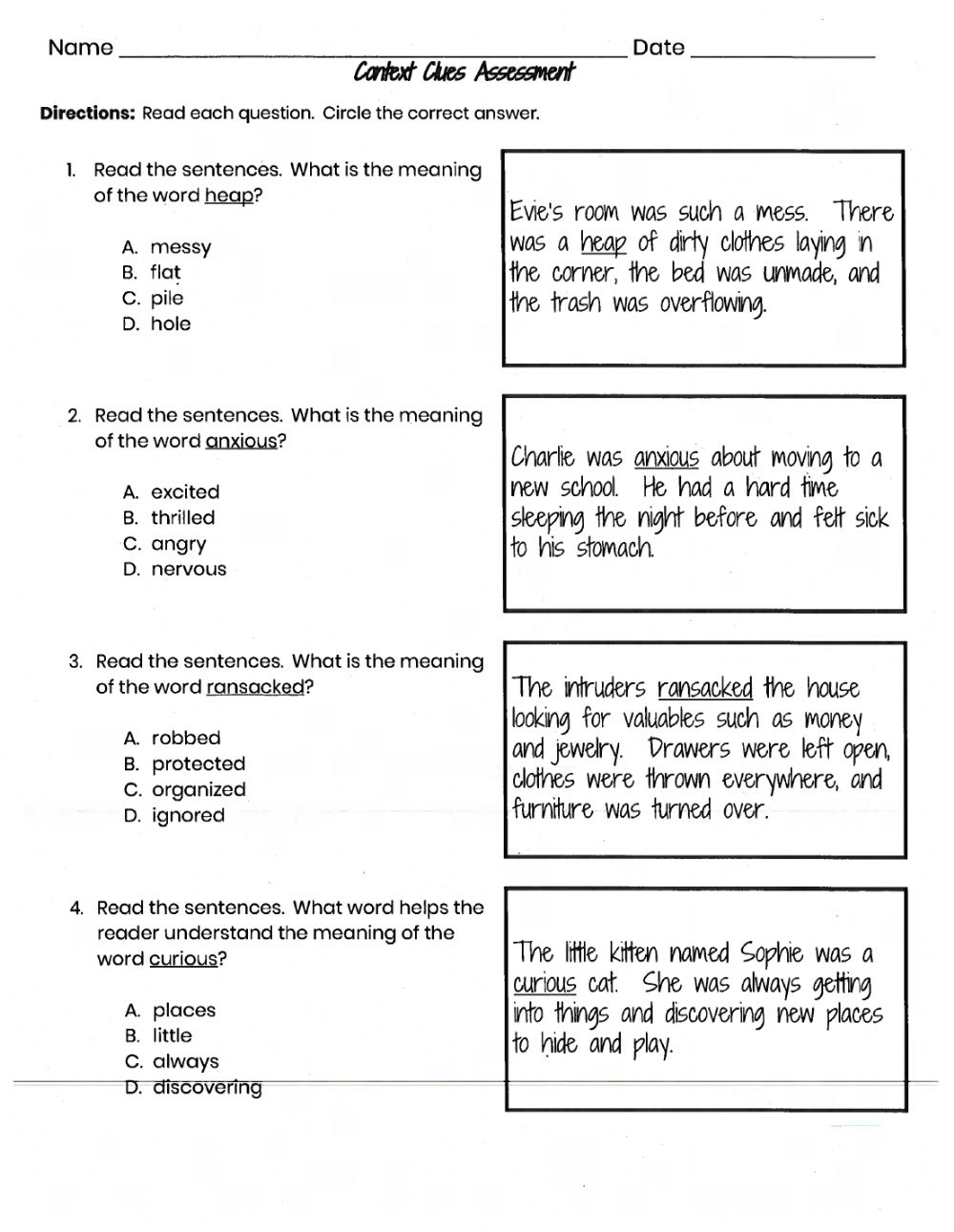 Context Clues Worksheets Multiple Choice With Answers Pdf Printable