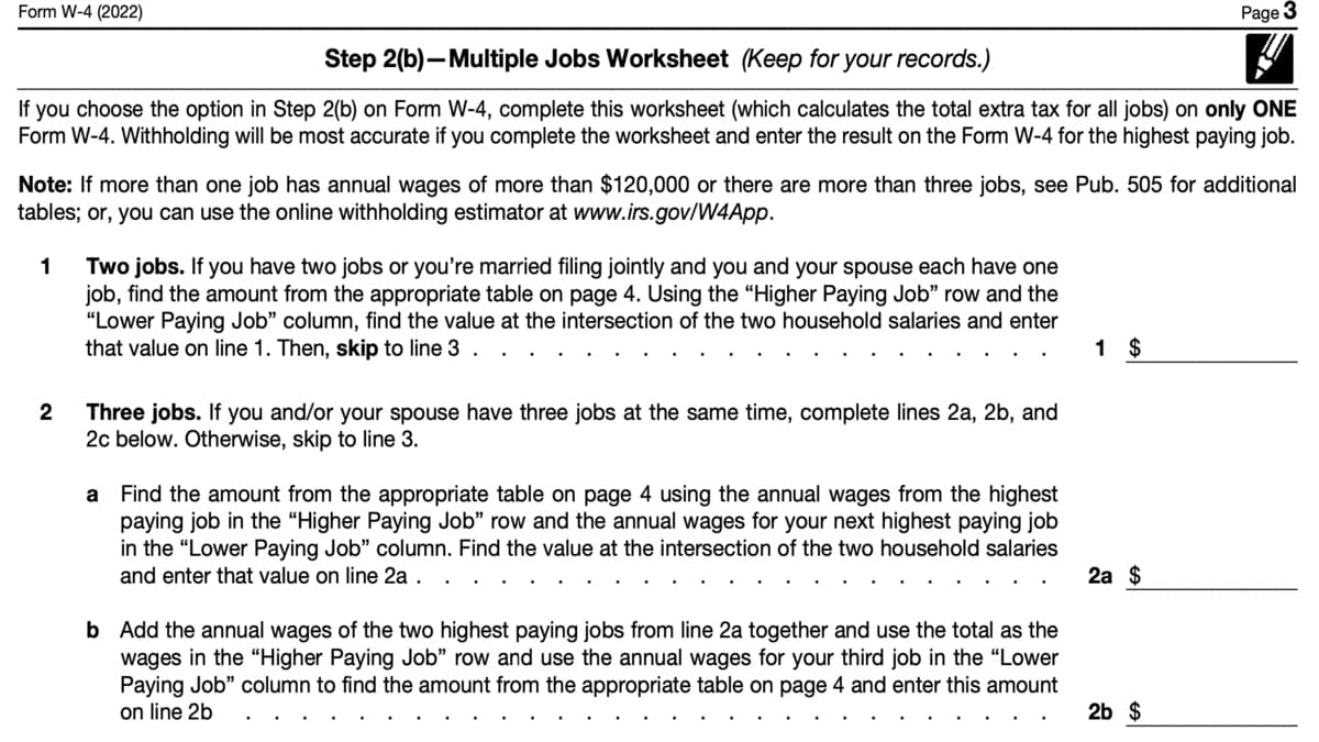Multiple Jobs Worksheet W4