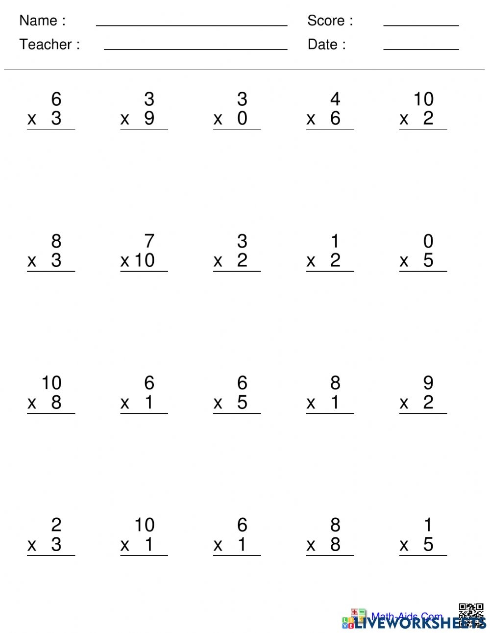 Multiplication Practice 0 10 Worksheet