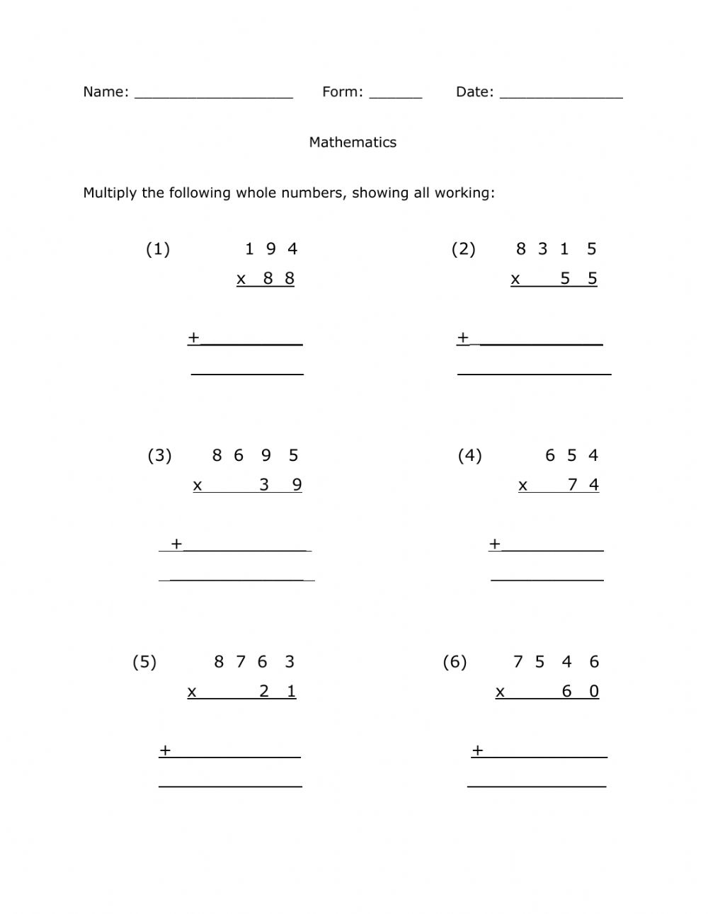 Multiplication Whole Numbers Worksheets Printable Worksheets