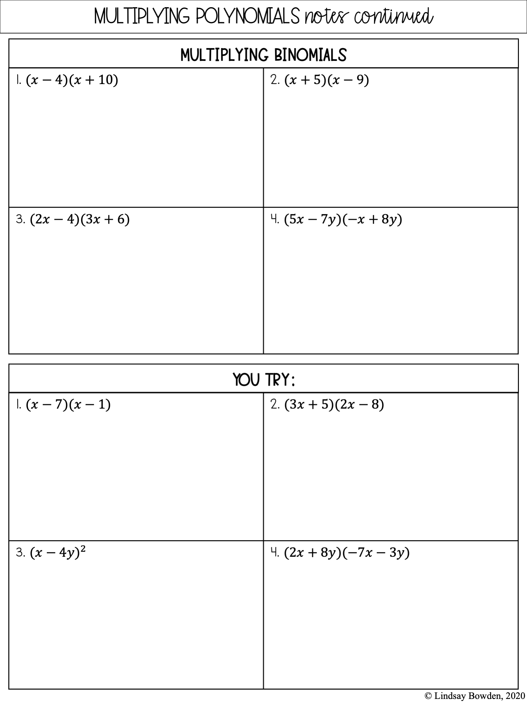 Multiplication Of Polynomials Worksheets