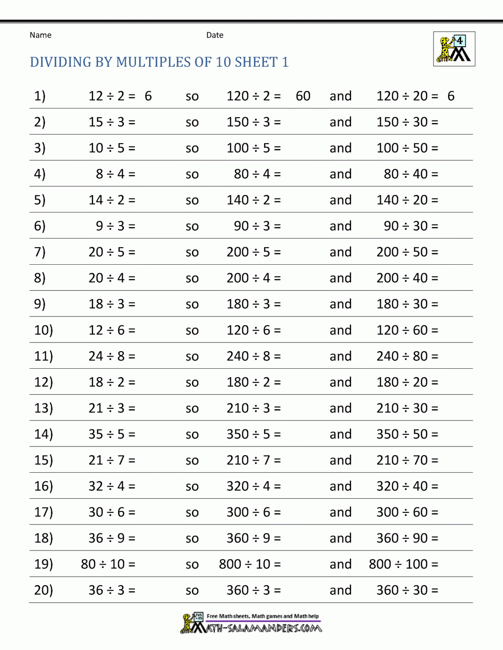 Dividing By Multiples Of 10 Worksheets Printable Worksheets