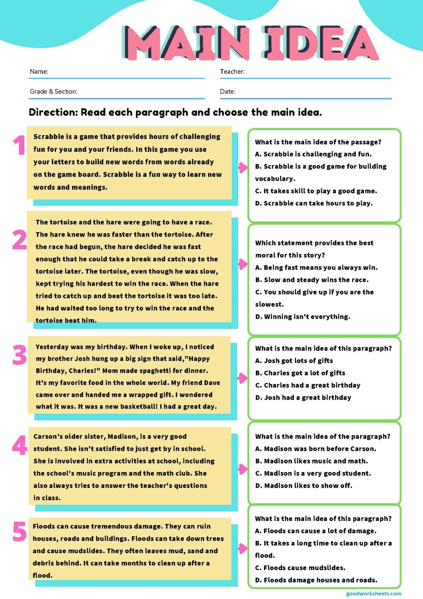 Main Idea Worksheets With Multiple Choice Printable Worksheets