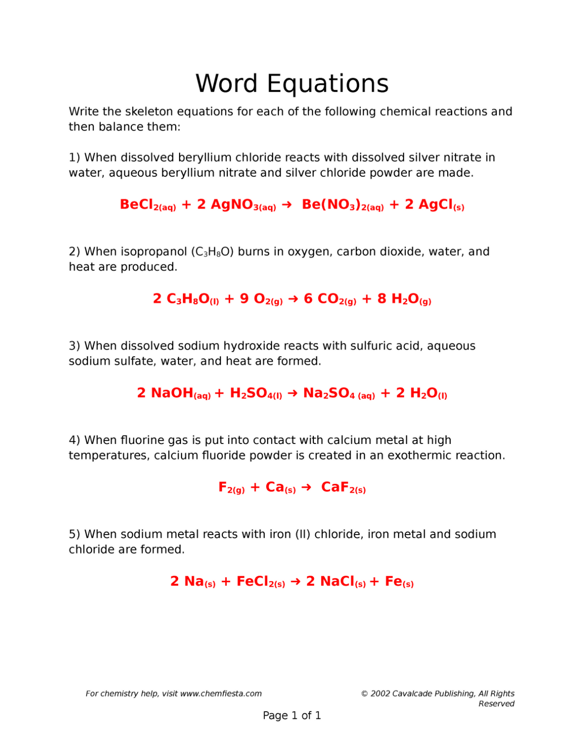 Writing Chemical Equations From Word Equations Worksheet Answers