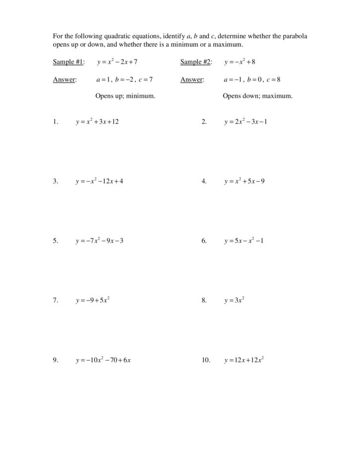 Writing Quadratic Equations In Standard Form Worksheet Printable