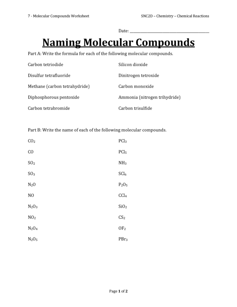 Naming And Writing Formulas For Molecular Compounds Worksheet Answer Key