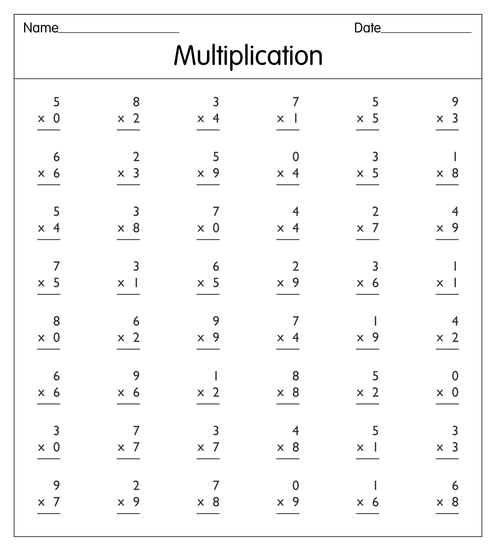 Free Printable Math Multiplication Worksheets