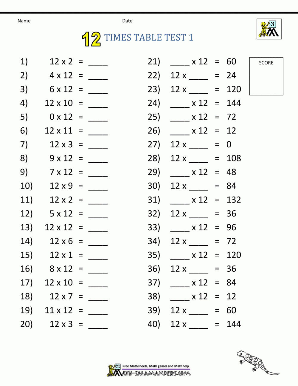 12 Times Tables Worksheets