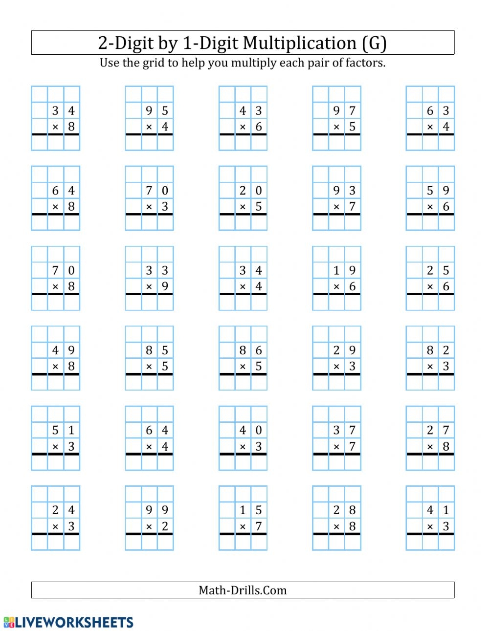 1x2 Digit Multiplication G Worksheet