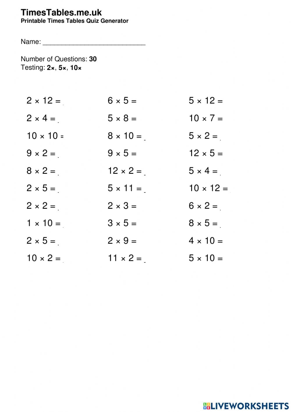 2 5 And 10 Times Tables Worksheet