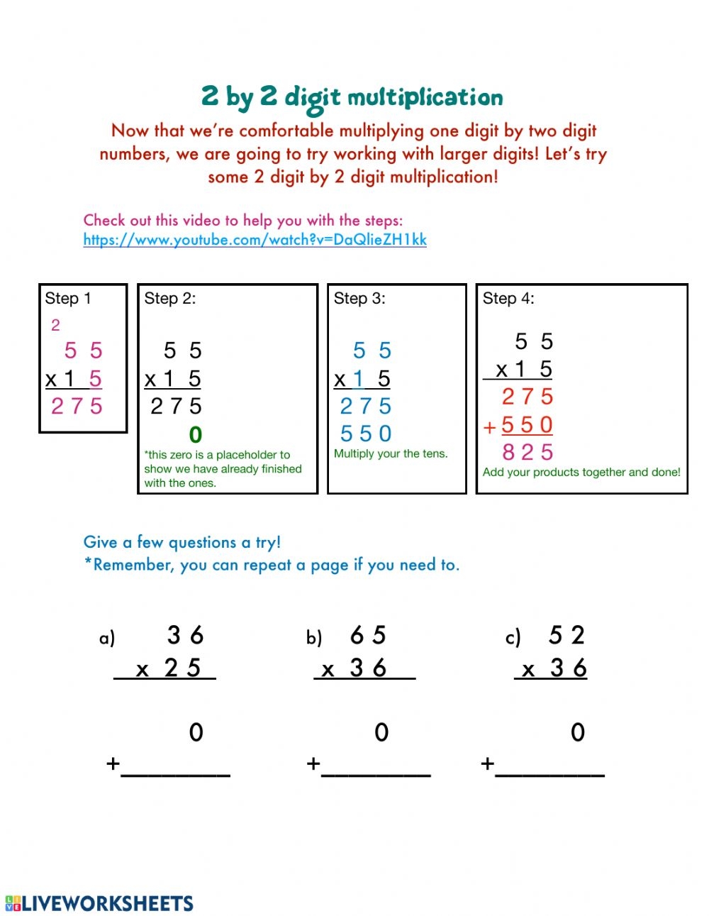 2 By 2 Digit Multiplication Worksheets