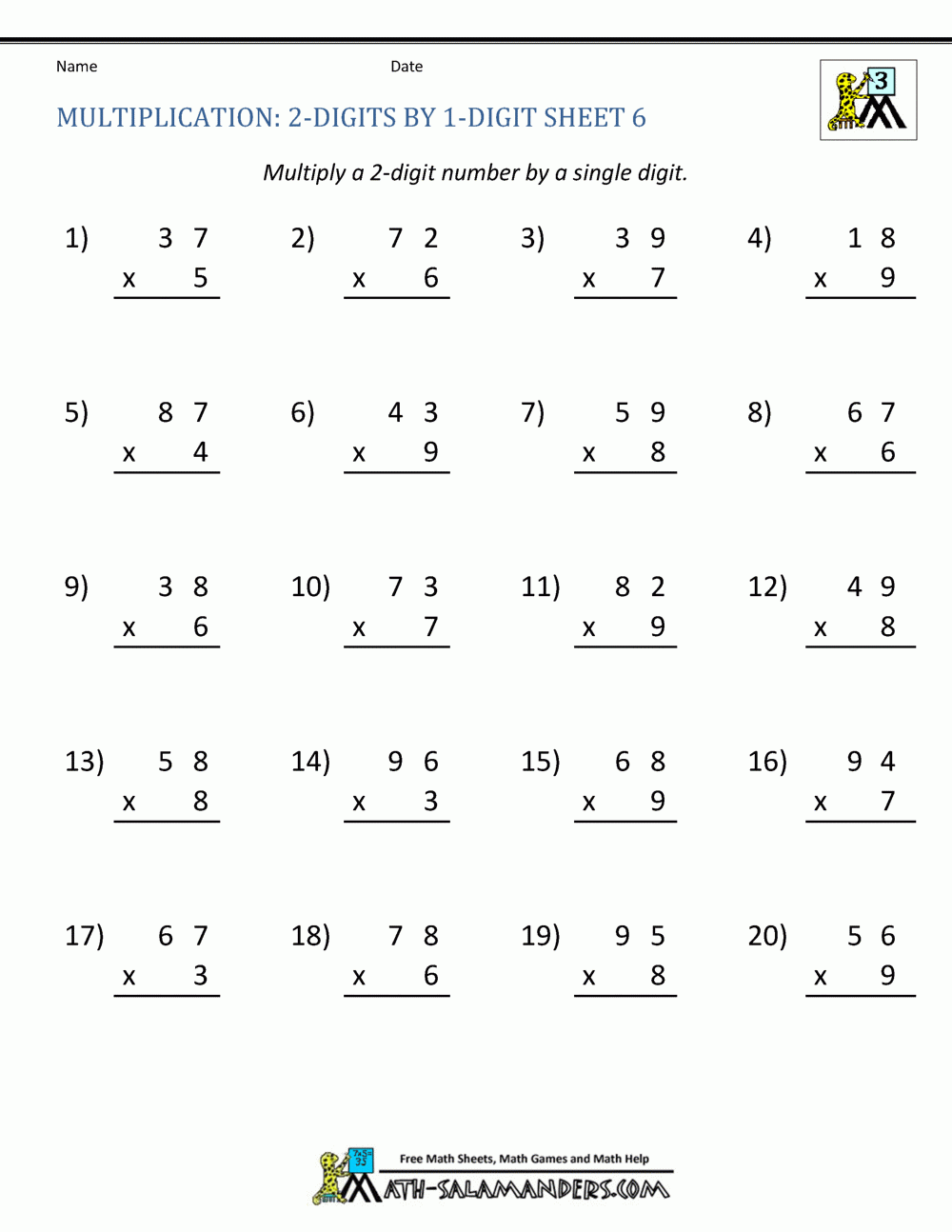 2 Digit Multiplication Worksheet