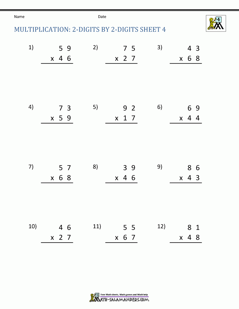 2 Digit Multiplication Worksheet