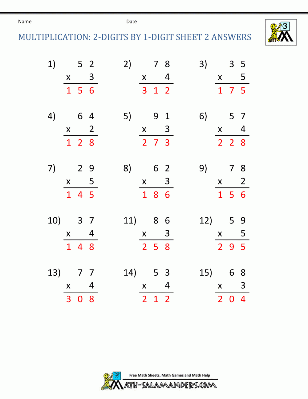 2 Digit Multiplication Worksheet