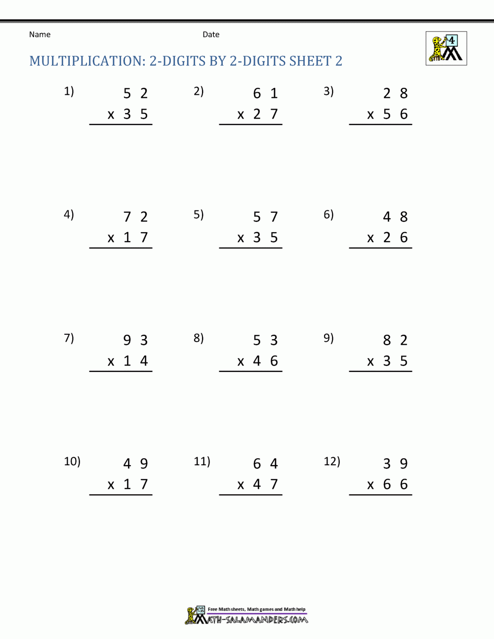 2 Digit Multiplication Worksheet