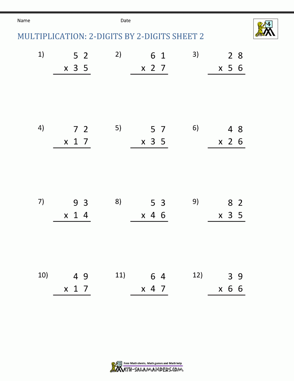 Multiplication Worksheets 2 Digit By 2 Digit