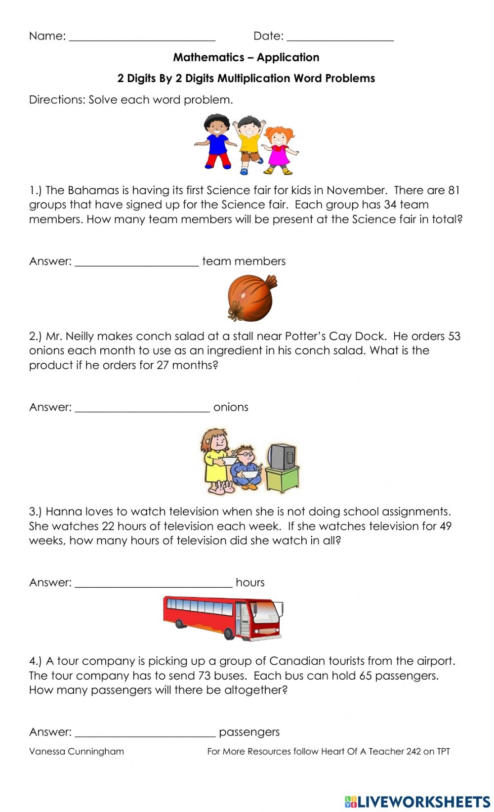 2 Digits By 2 Digits Multiplication Word Problems Worksheet