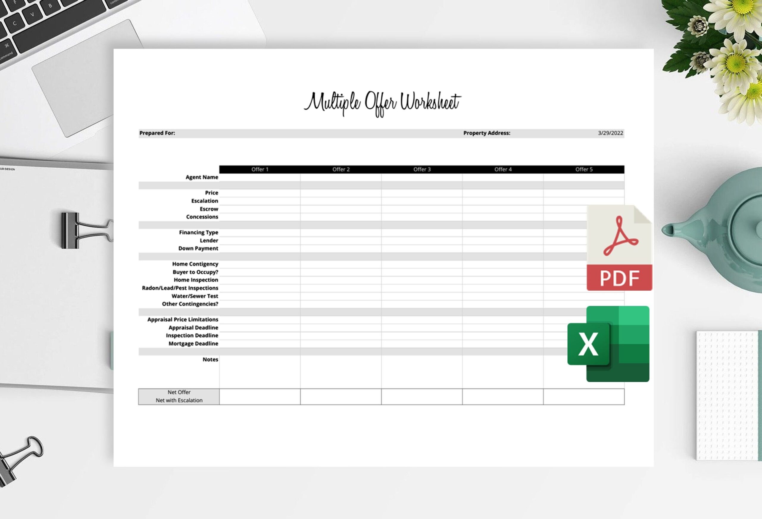 2 Pack Simple Multiple Offer Spreadsheet Excel And PDF Etsy