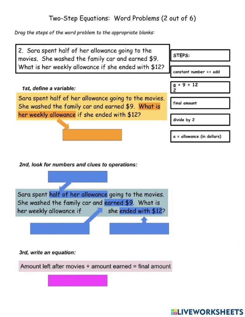 2 step Word Problem Write Equations Worksheet