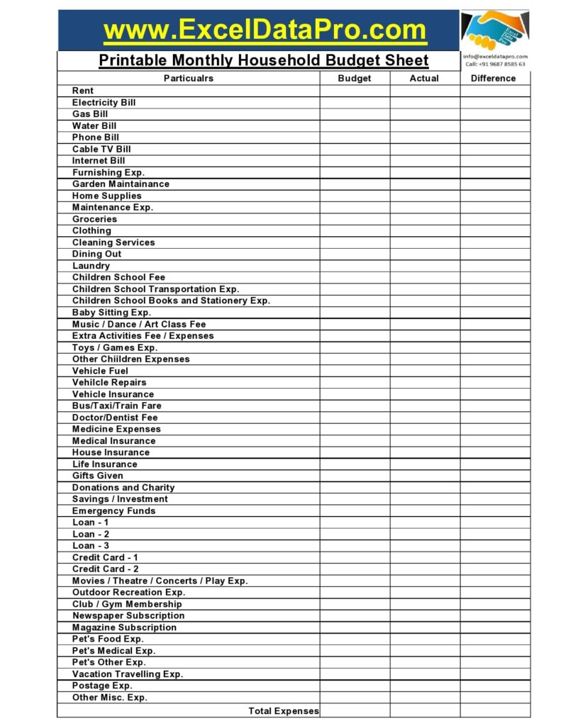 Monthly Household Budget Worksheet