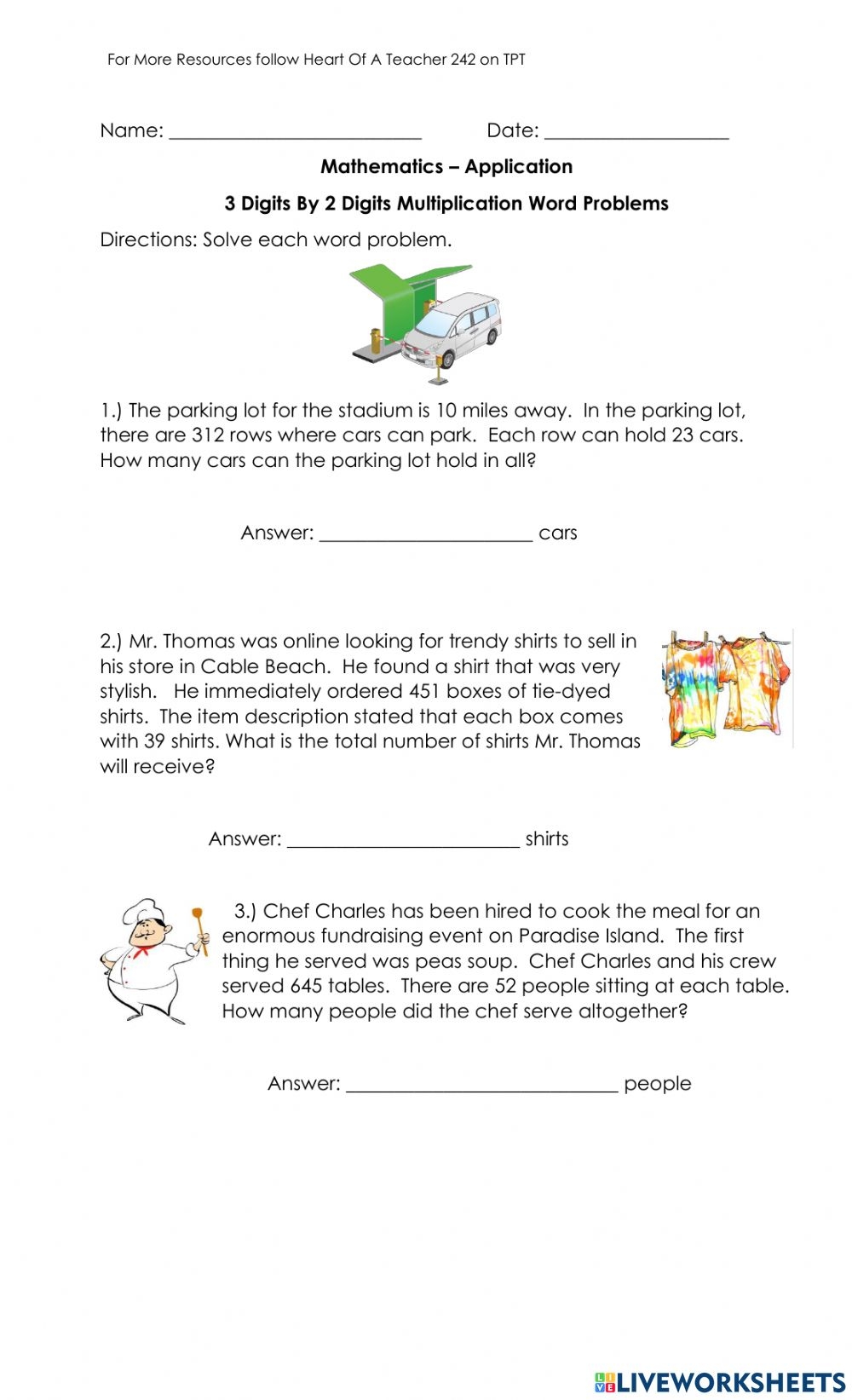 3 Digits By 2 Digits Multiplication Word Problems Worksheet