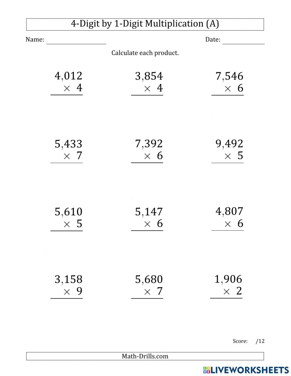 4 digit By 1 digit Multiplication Worksheet