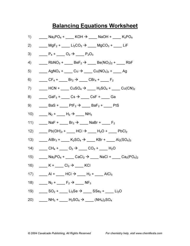 49 Balancing Chemical Equations Worksheets with Answers 