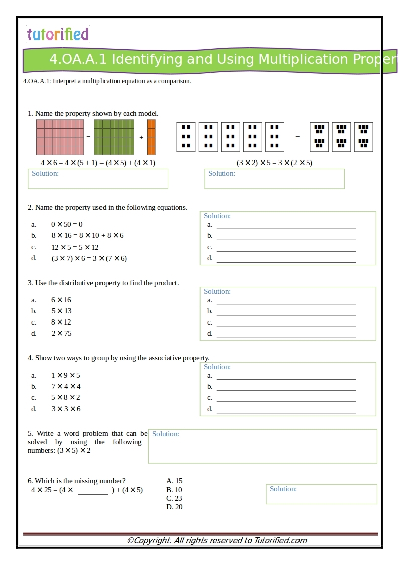 Multiplication Comparisons 4th Grade Worksheets