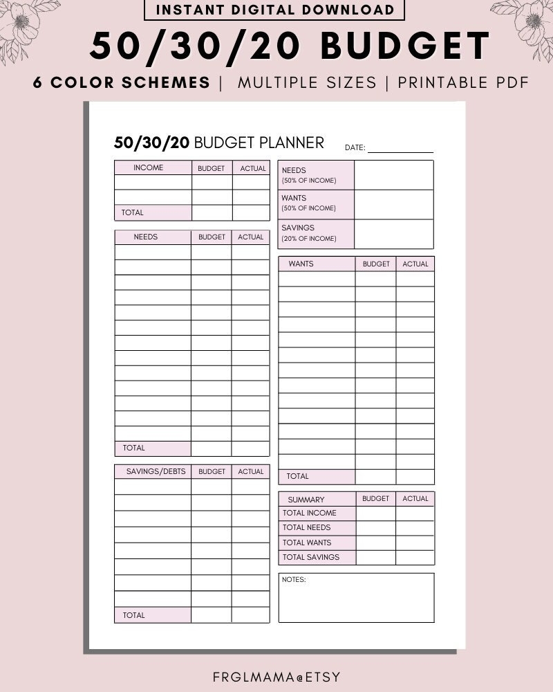 50 30 20 Budget Overview Template Printable Monthly Budget Etsy sterreich