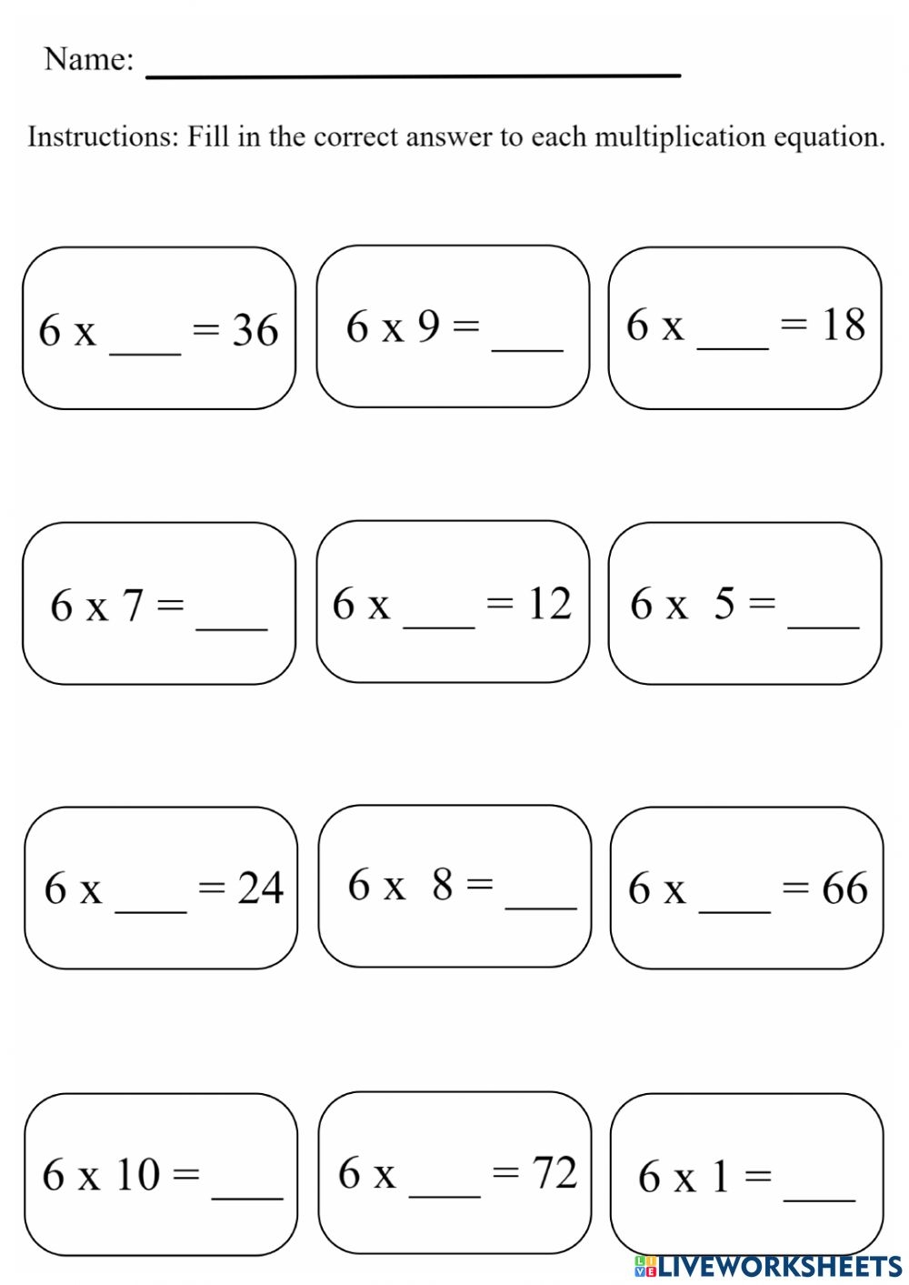6 Times Table Fill In The Blank Worksheet
