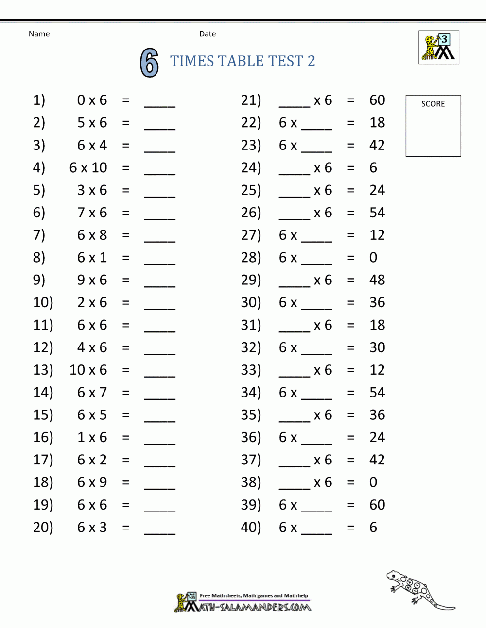 6 Times Tables Worksheets