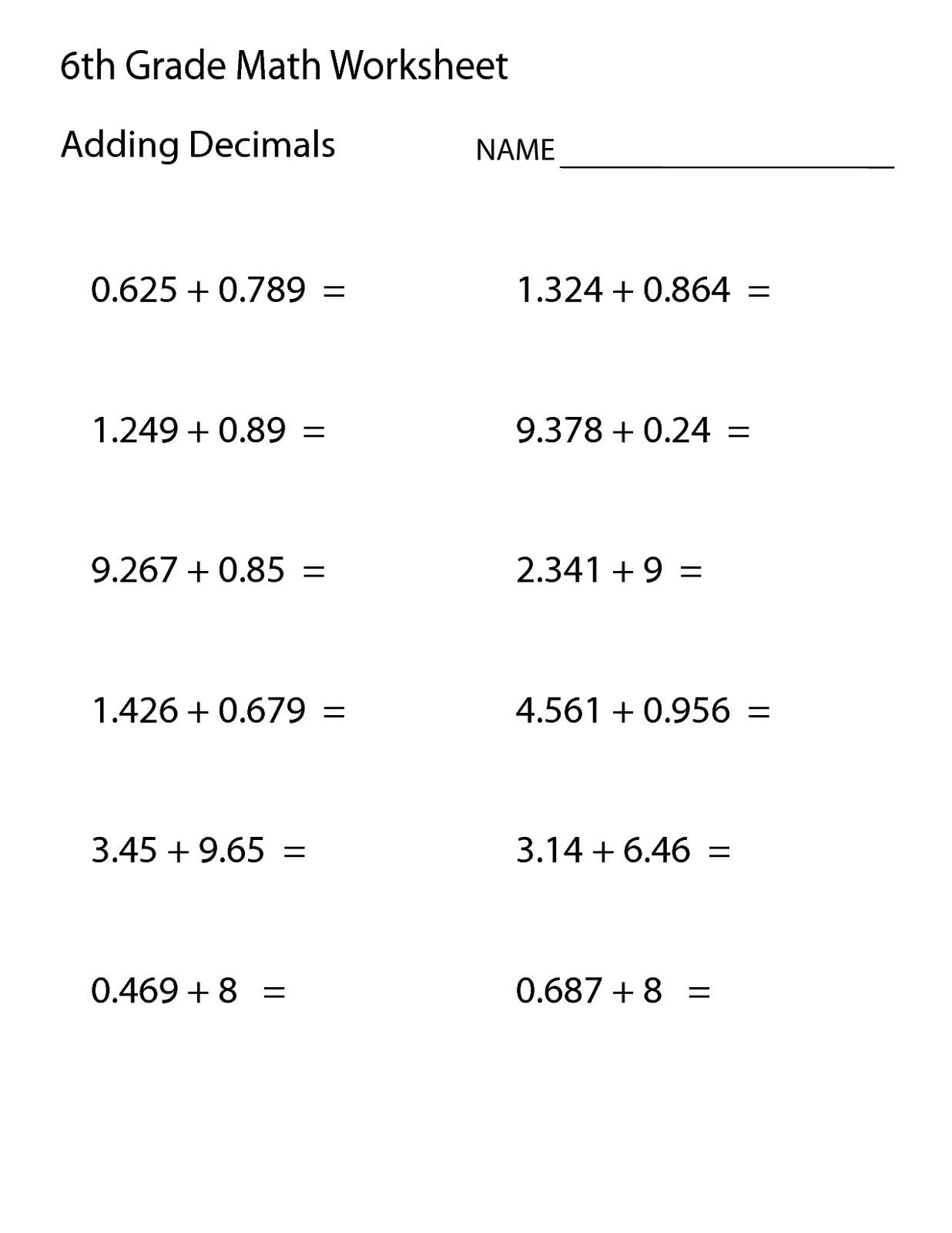 6th Grade Math Worksheets Decimals