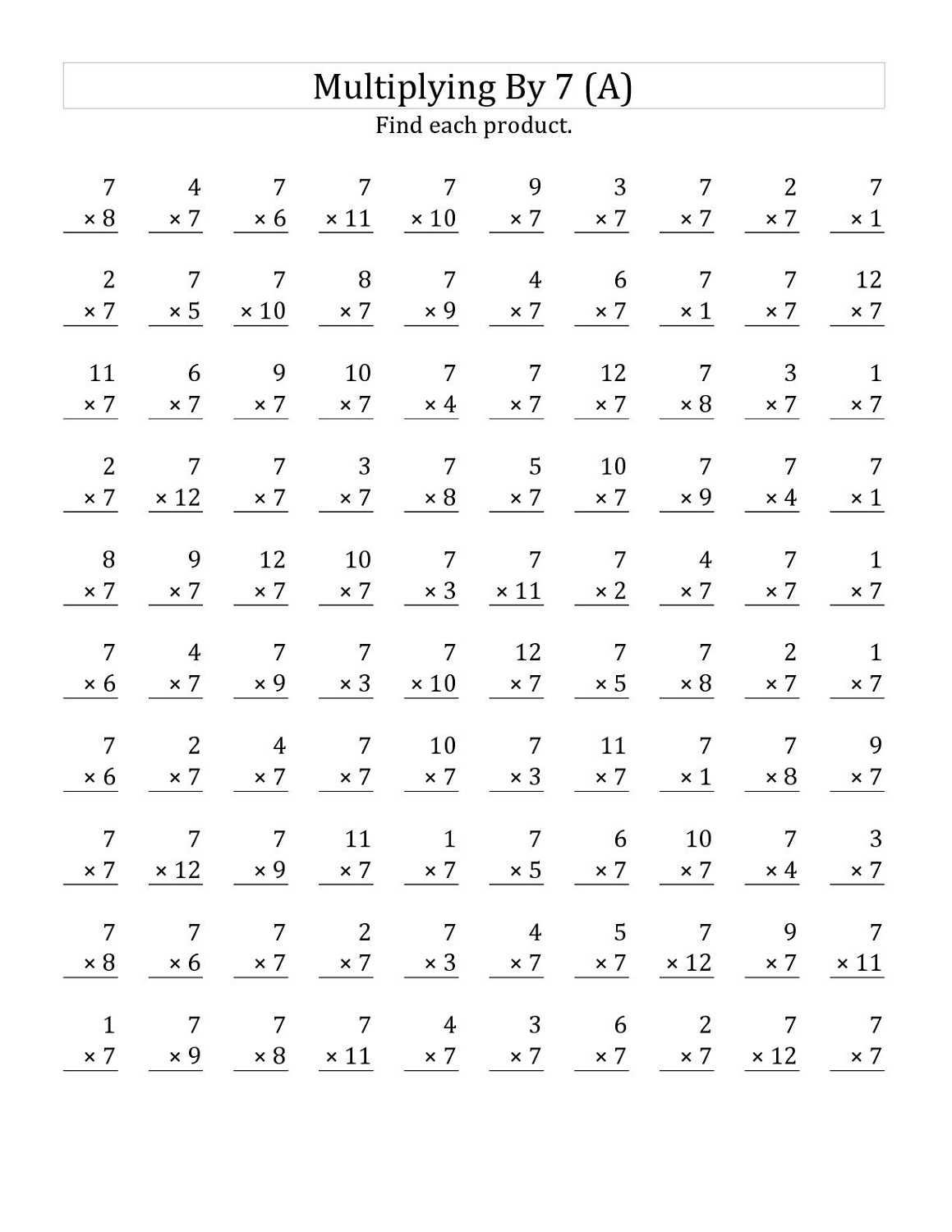 Multiplication Times 7 Worksheets