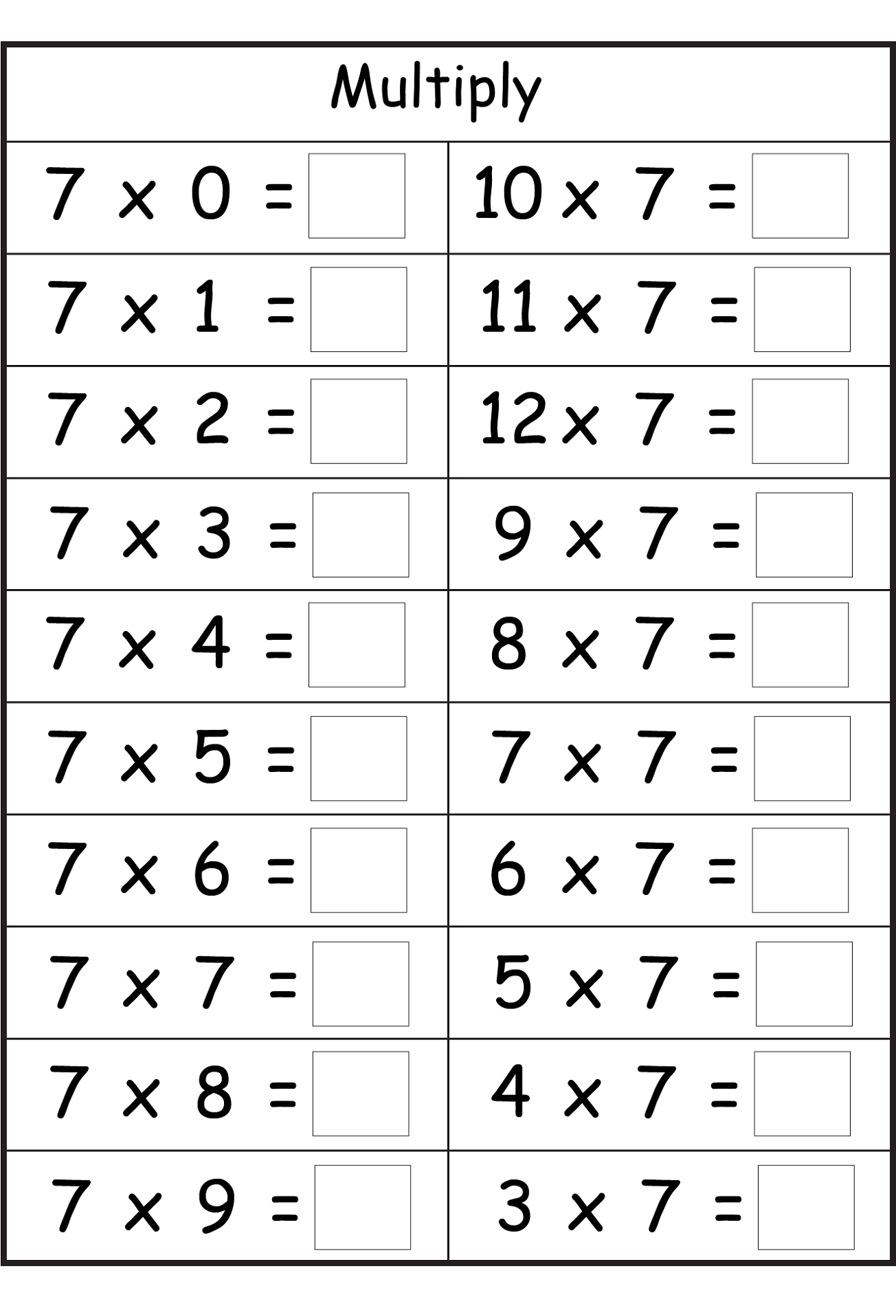 Multiplication 7 Worksheets Printable