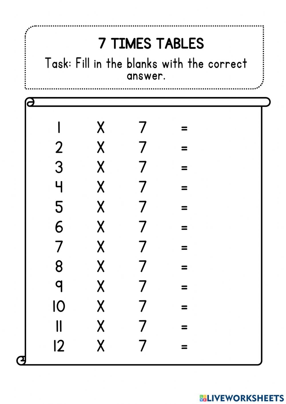 7 Times Tables Interactive Worksheet