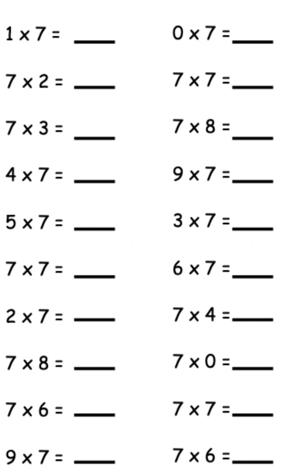 7s Math Facts Worksheet