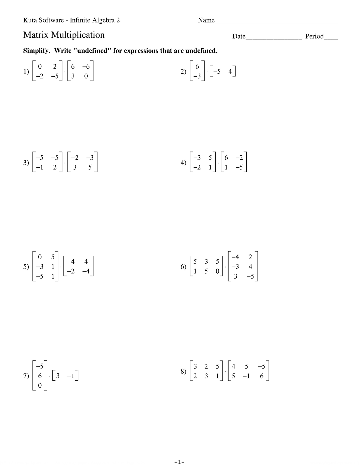 8 P Matrix Multiplication Worksheet with Answer Key Pages u 32 U 01162 O BKduWtXae Studocu