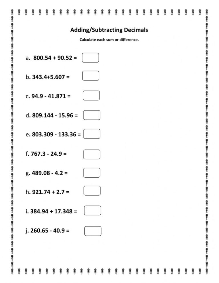 Adding And Subtracting Decimals Worksheets Pdf - Printable Worksheets