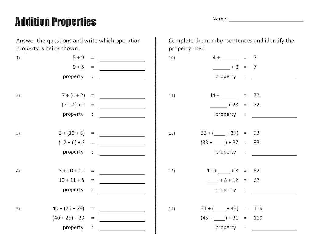 Addition And Multiplication Properties Two Worksheets For Students To Identify The Associative And Co Pre Algebra Worksheets Properties Of Addition Commutative