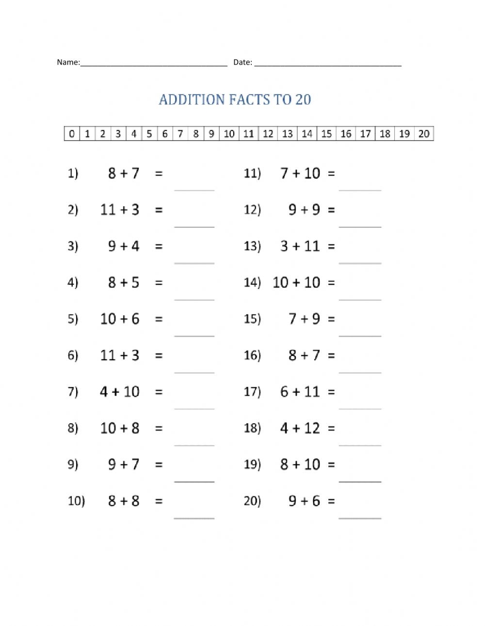 Addition Facts To 20 Interactive Worksheet