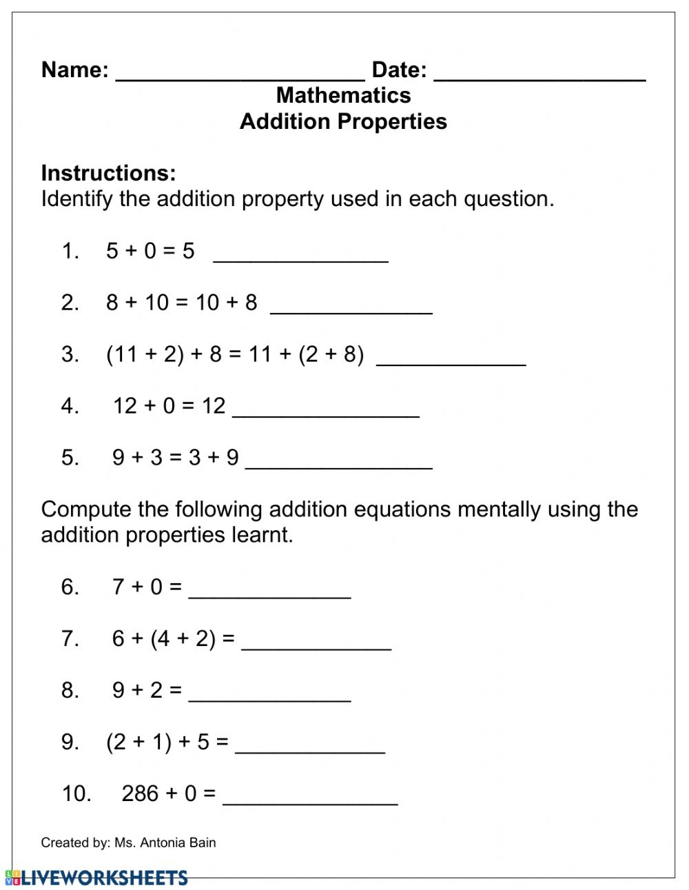 Properties Of Addition And Multiplication Worksheets