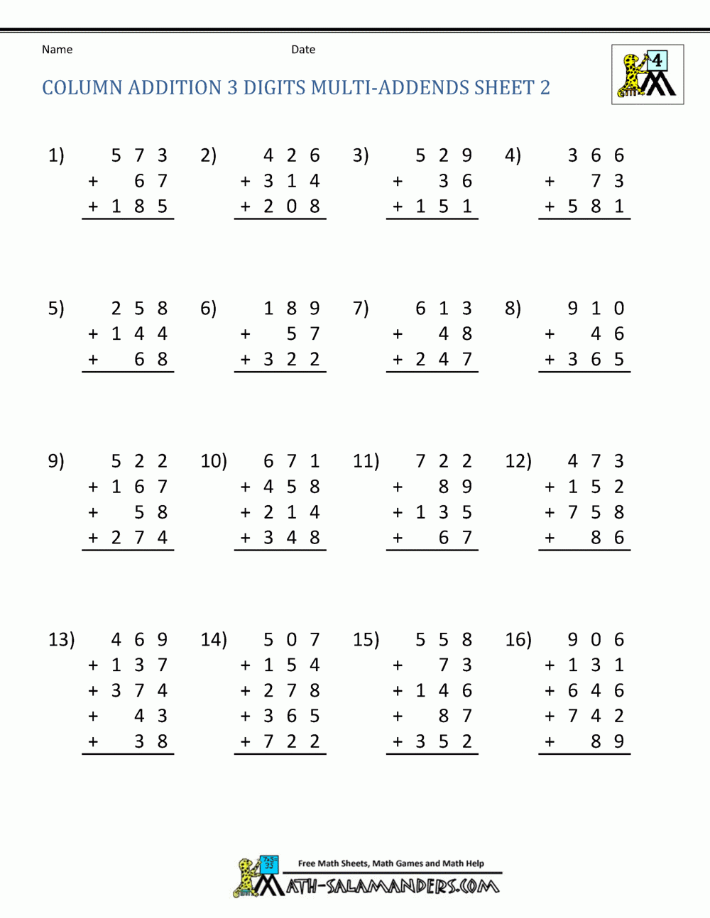 Adding Multiple Numbers Worksheets