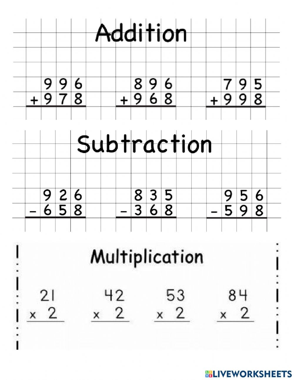 Addition Subtraction And Multiplication Worksheet