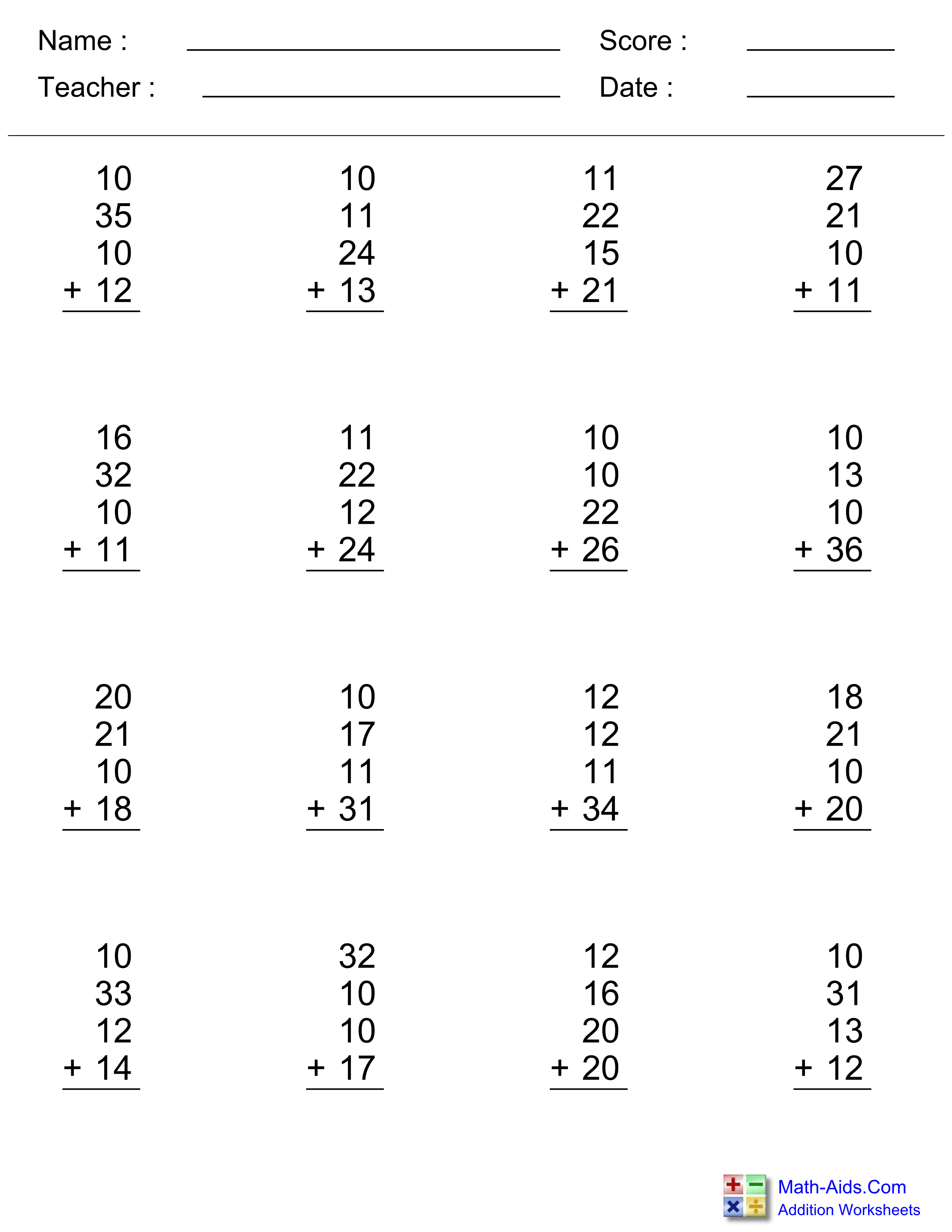 Addition Worksheets Dynamically Created Addition Worksheets