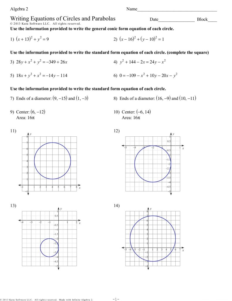 Algebra 2 Writing Equations Of Circles And Parabolas