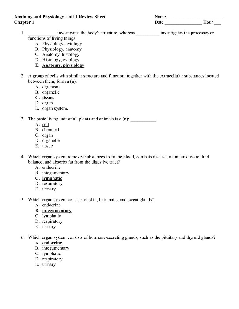 Anatomy And Physiology Worksheets Answers