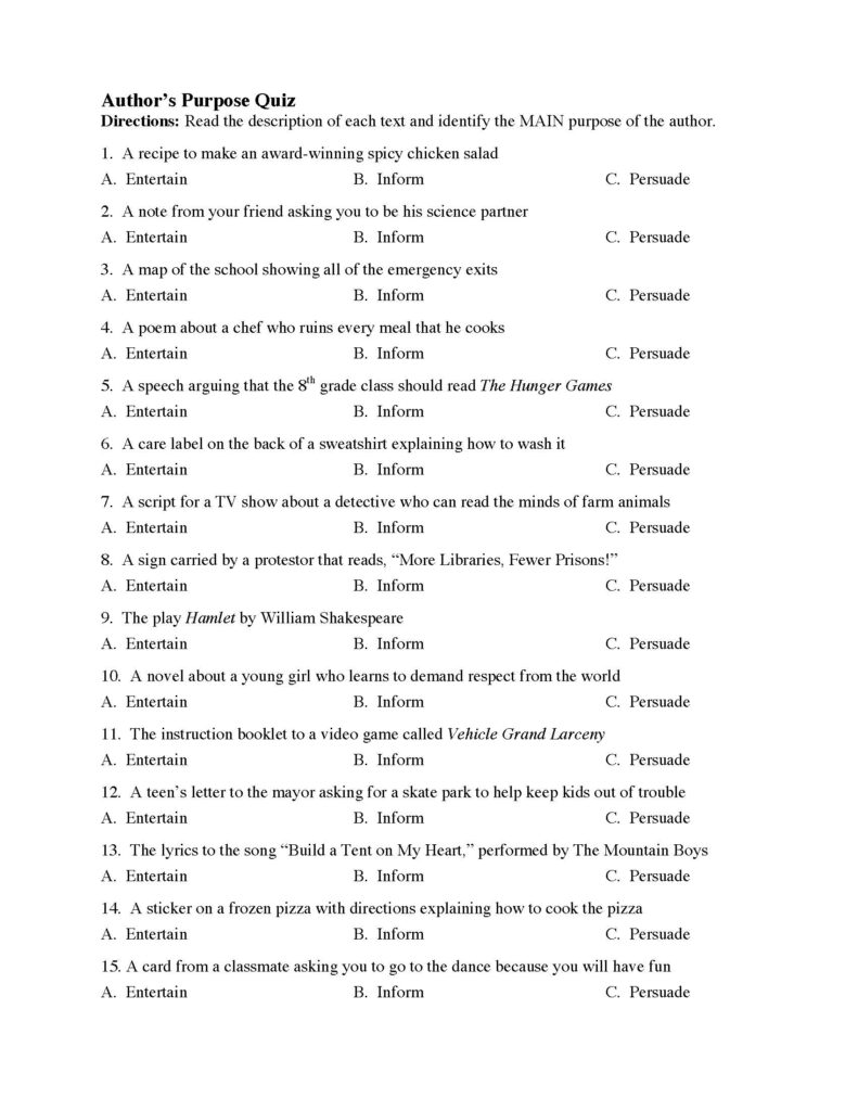 Author s Purpose Multiple Choice Worksheets Printable Worksheets