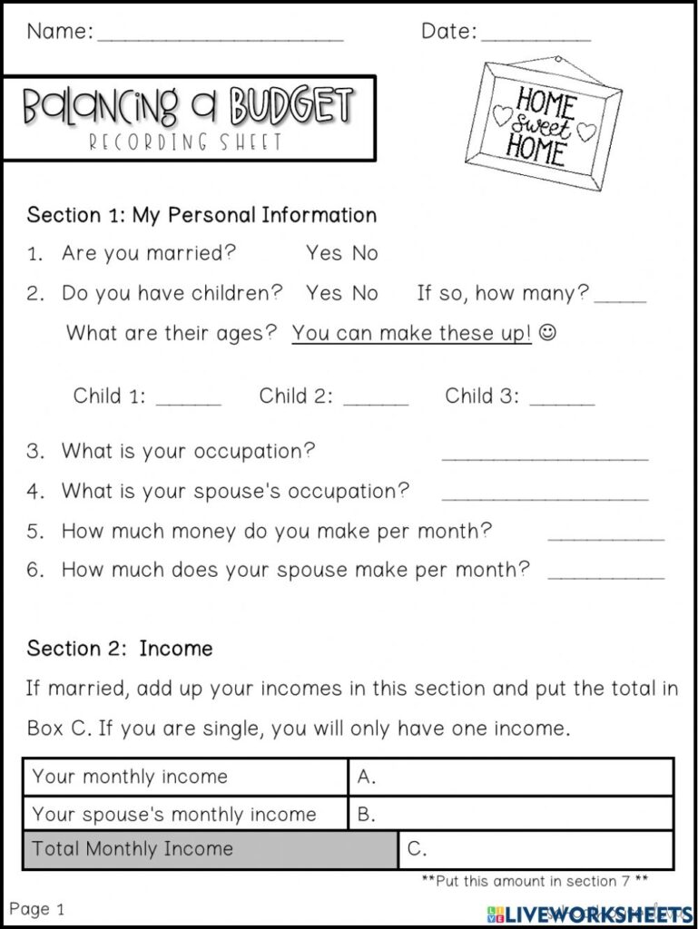 Budgeting Math Worksheets Pdf