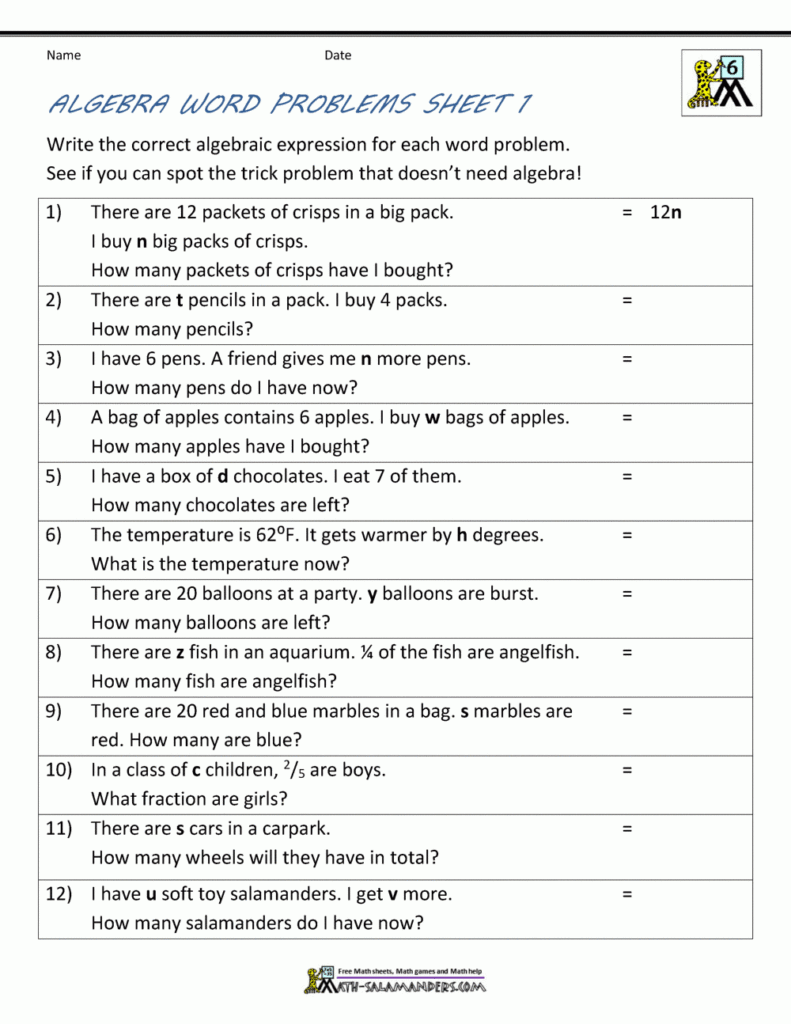 Writing Expressions From Word Problems Worksheet